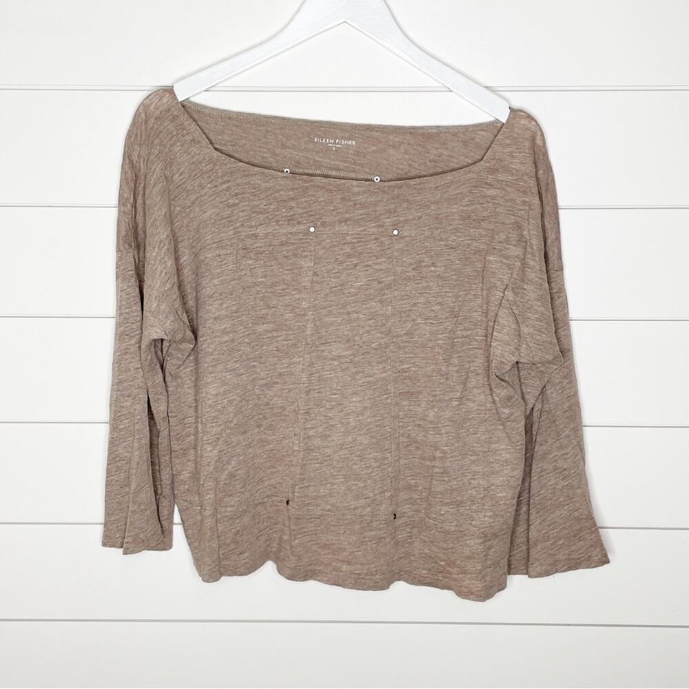 Eileen Fisher Marled Linen Wide Neck Studded Top Brown Size Small